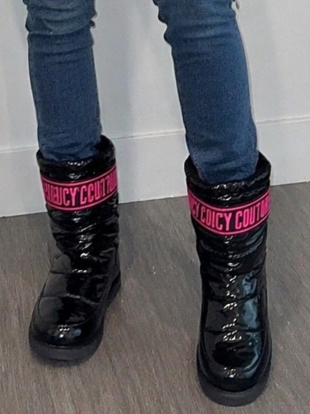 Juicy Couture Black Patent Boots with Pink Logo Boots